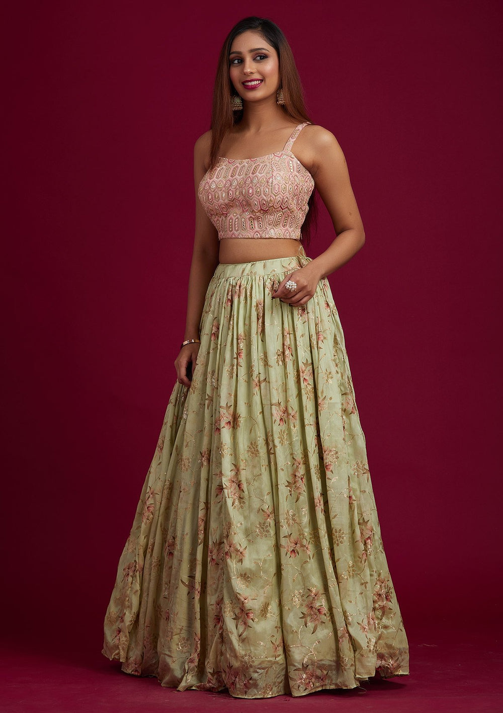 Pista Green Threadwork Semi Crepe Designer Lehenga - koskii