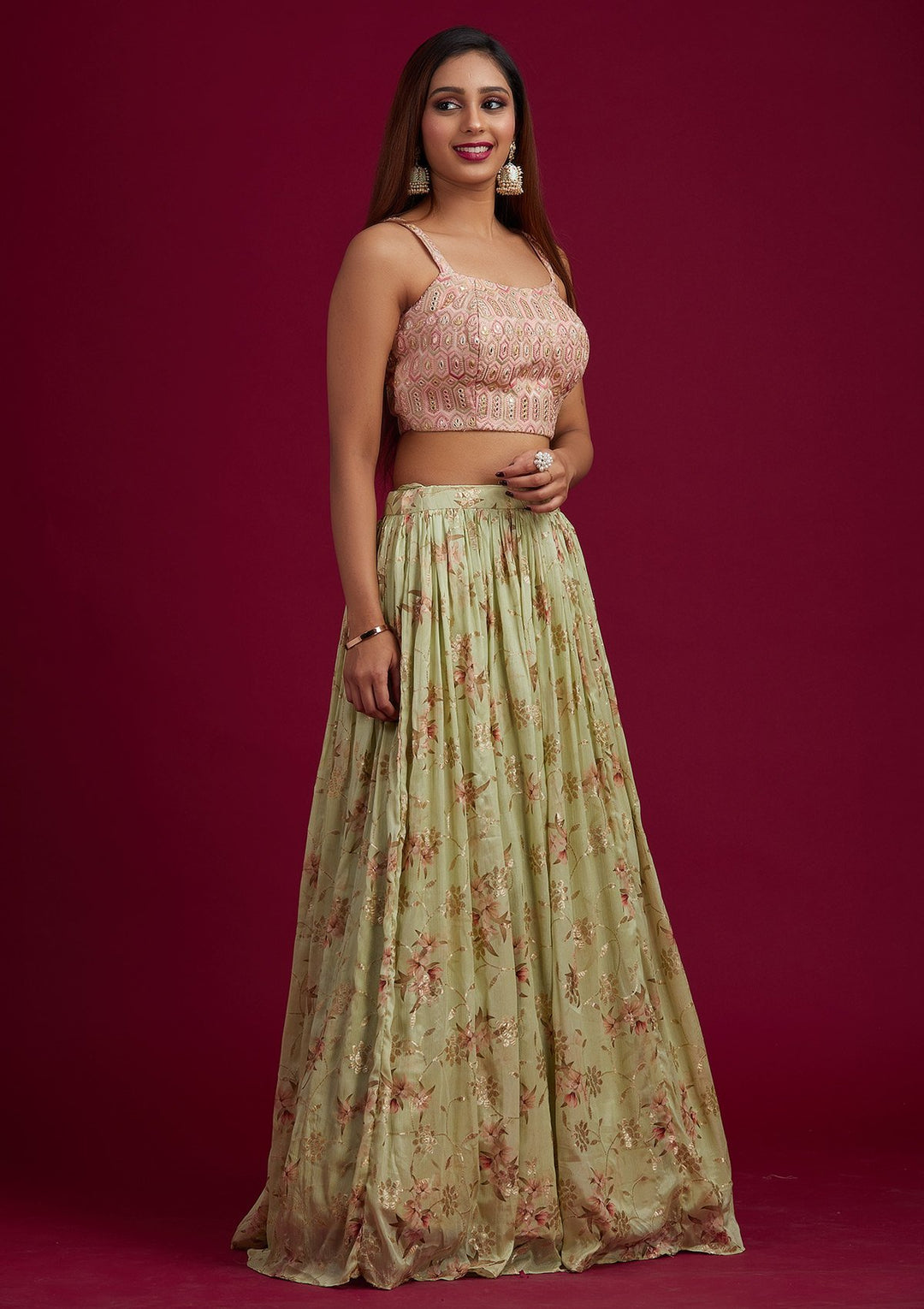 Pista Green Threadwork Semi Crepe Designer Lehenga - koskii