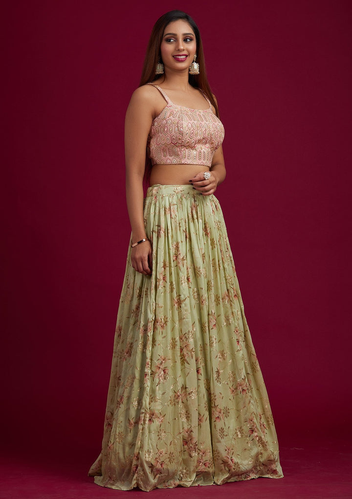 Pista Green Threadwork Semi Crepe Designer Lehenga - koskii