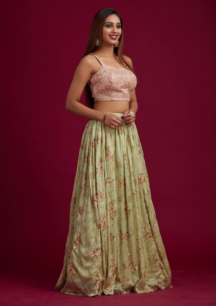 Pista Green Threadwork Semi Crepe Designer Lehenga - koskii