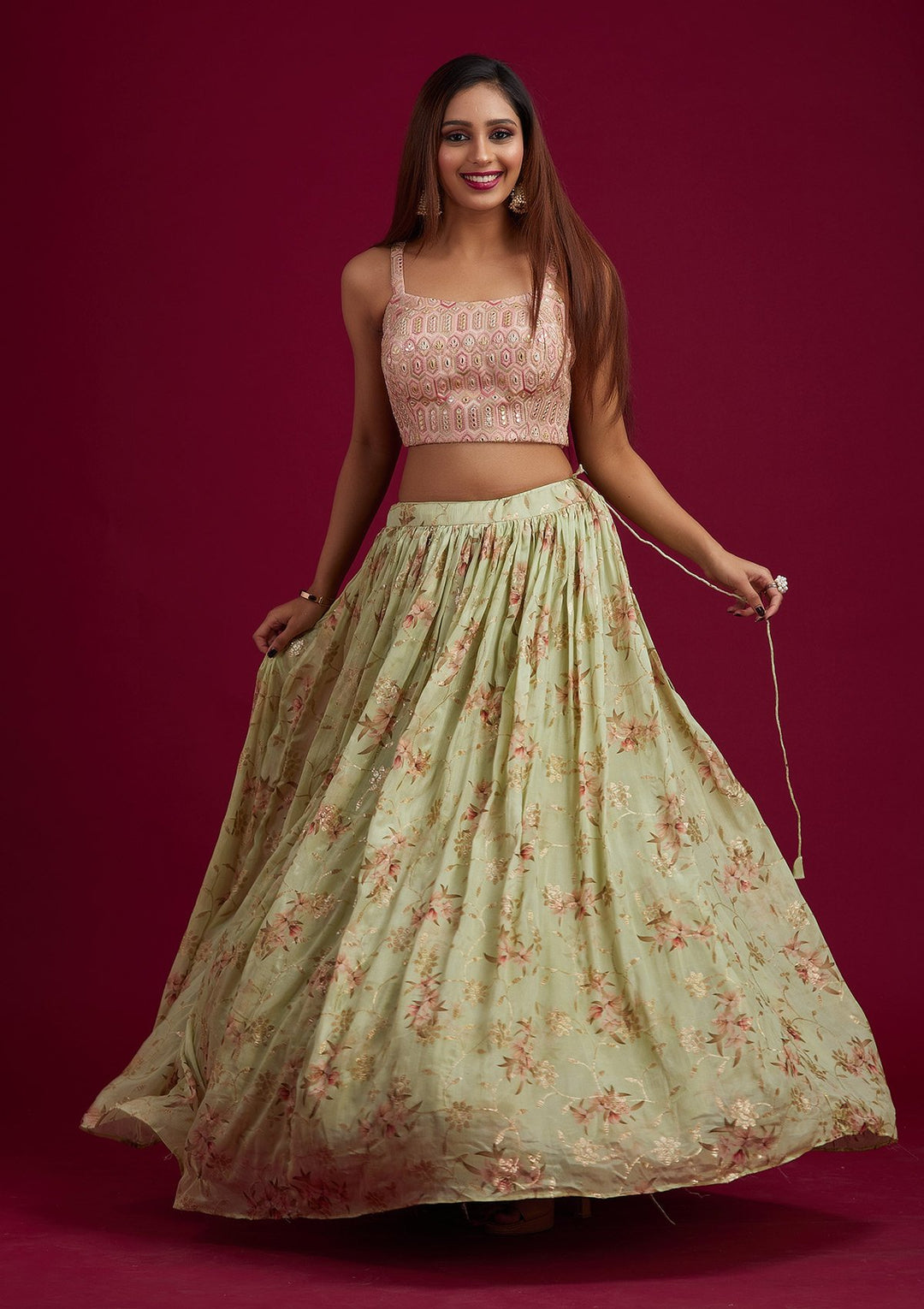 Pista Green Threadwork Semi Crepe Designer Lehenga - koskii