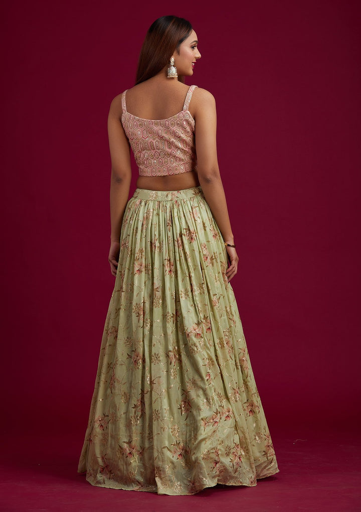 Pista Green Threadwork Semi Crepe Designer Lehenga - koskii