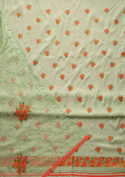 Pista Green Threadwork Semi Crepe Designer Unstitched Salwar Suit - koskii