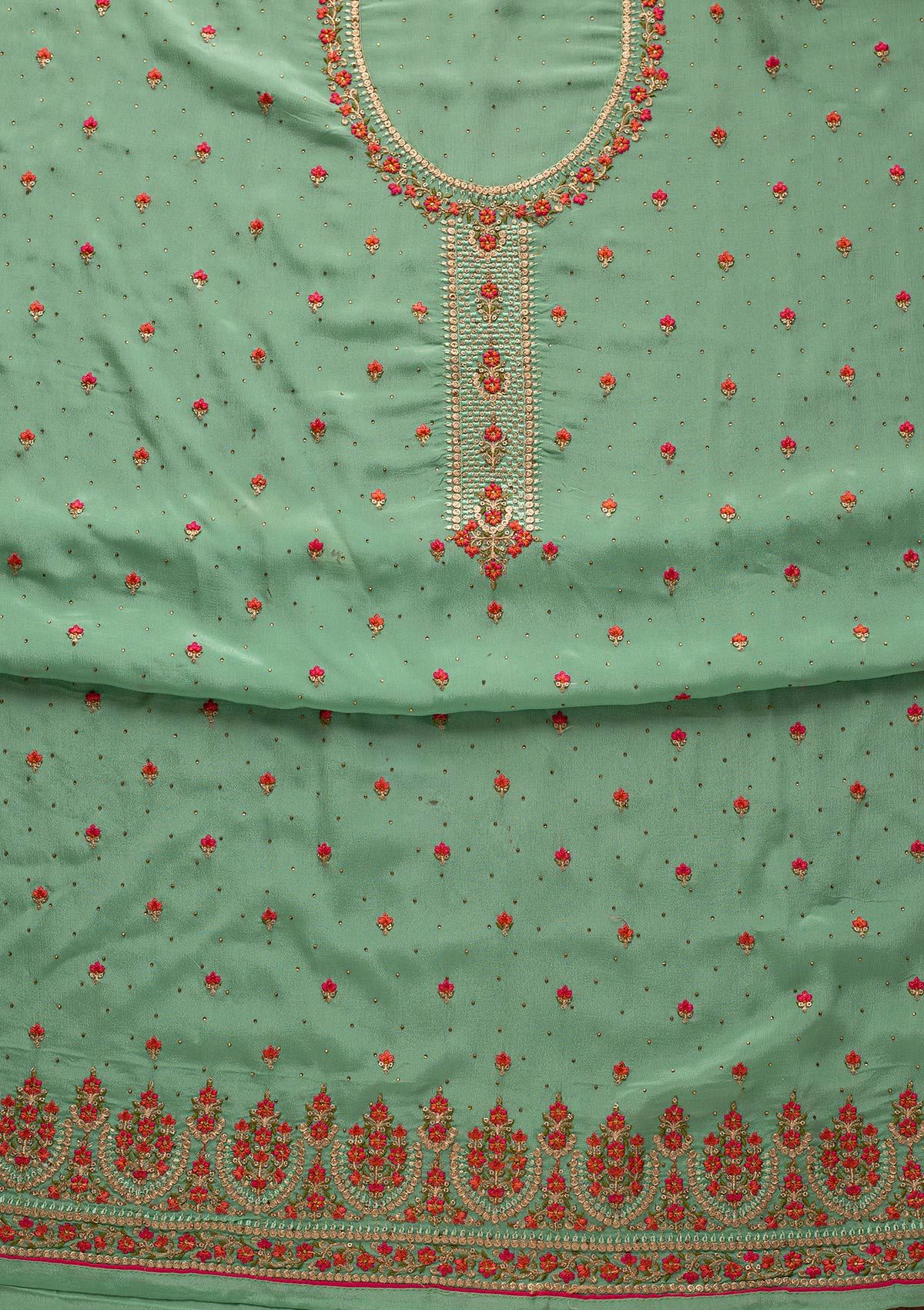 Pista Green Threadwork Semi Crepe Designer Unstitched Salwar Suit - koskii