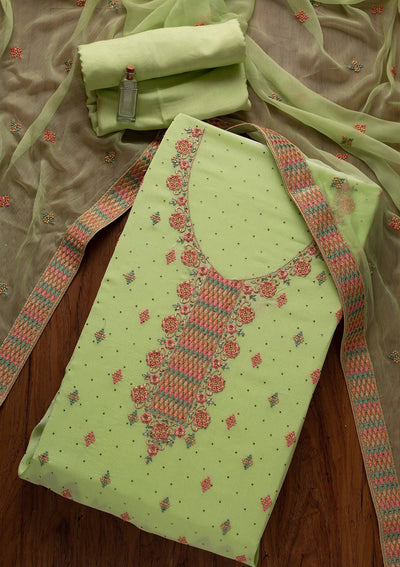 Pista Green Threadwork Semi Crepe Designer Semi-Stitched Salwar Suit - koskii