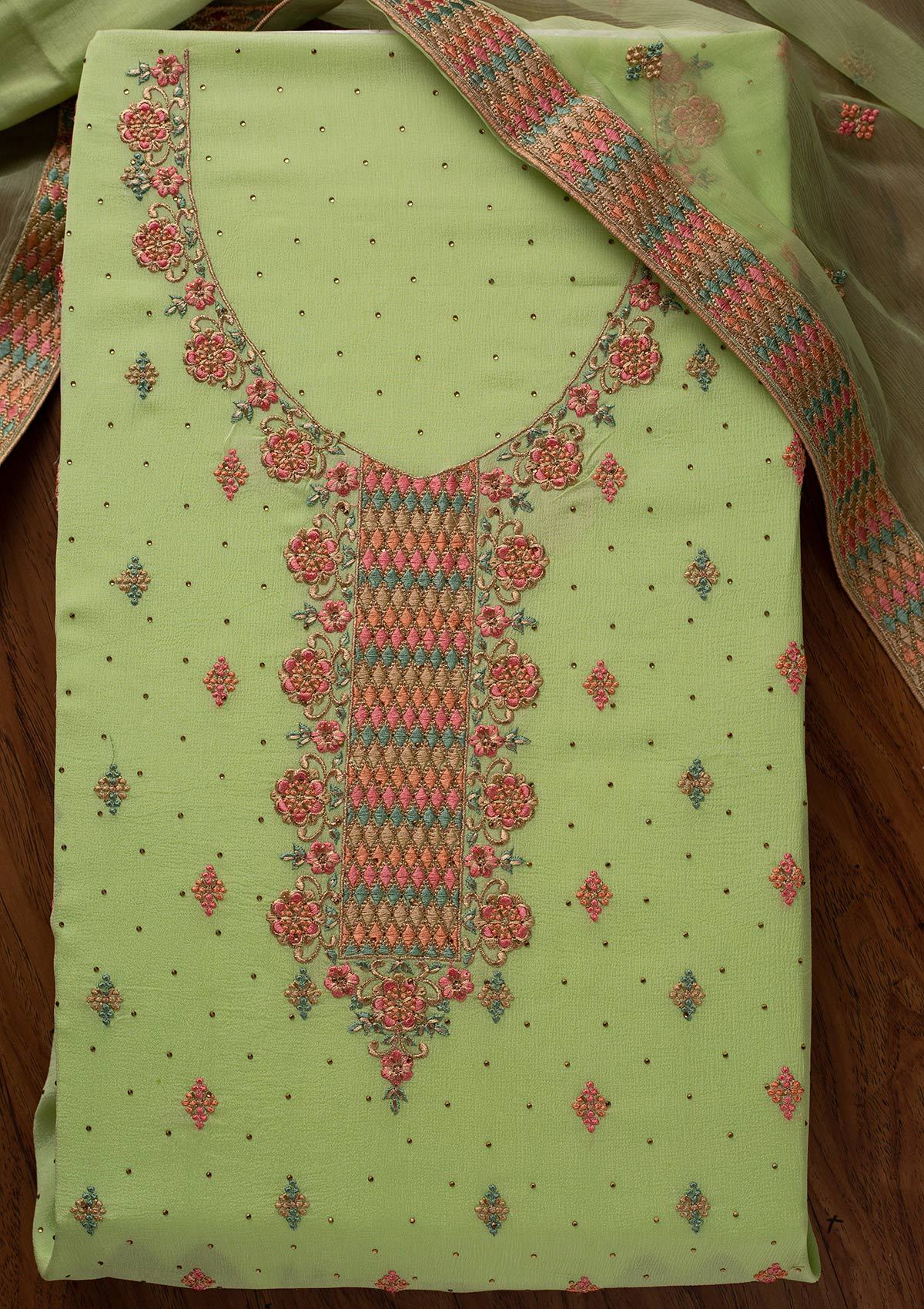 Pista Green Threadwork Semi Crepe Designer Semi-Stitched Salwar Suit - koskii