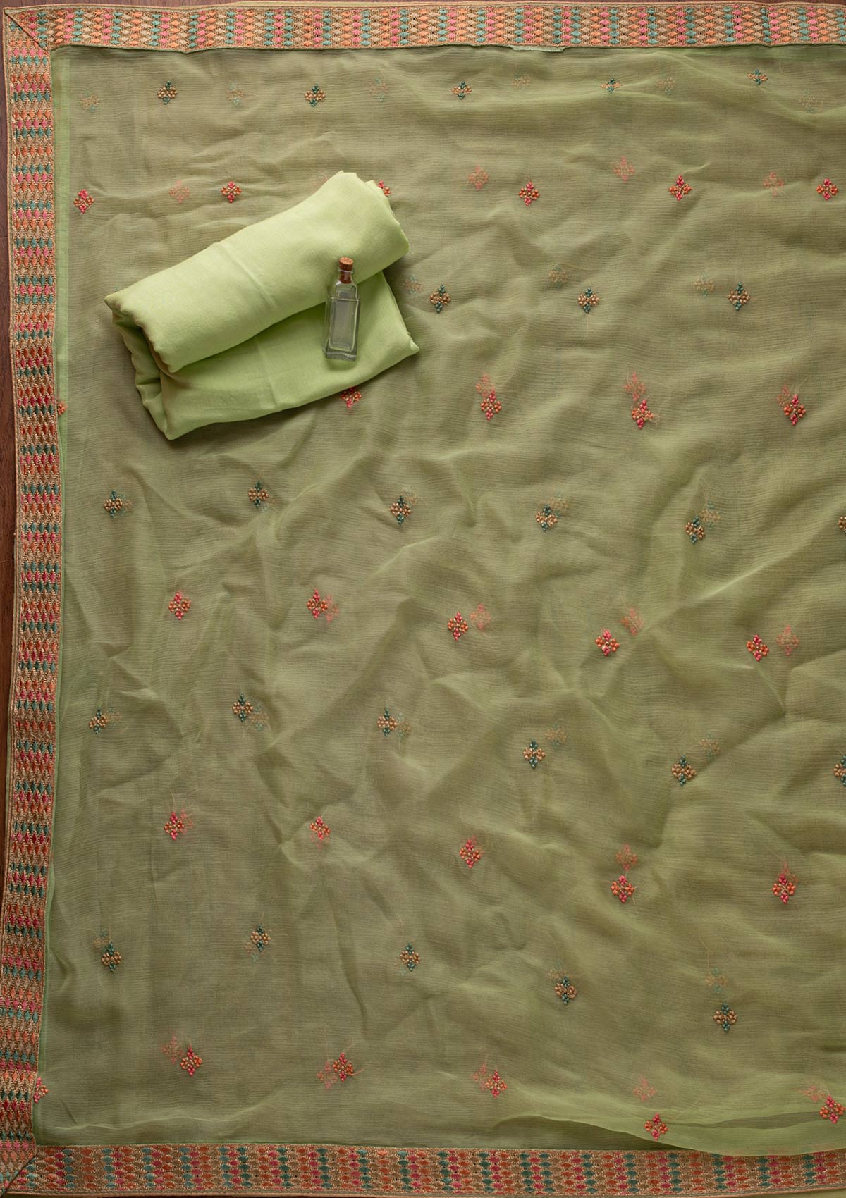 Pista Green Threadwork Semi Crepe Designer Semi-Stitched Salwar Suit - koskii