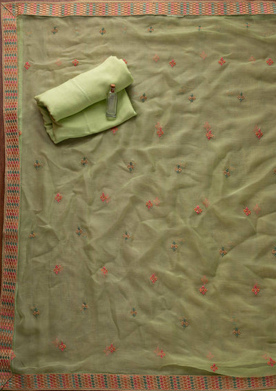 Pista Green Threadwork Semi Crepe Designer Semi-Stitched Salwar Suit - koskii