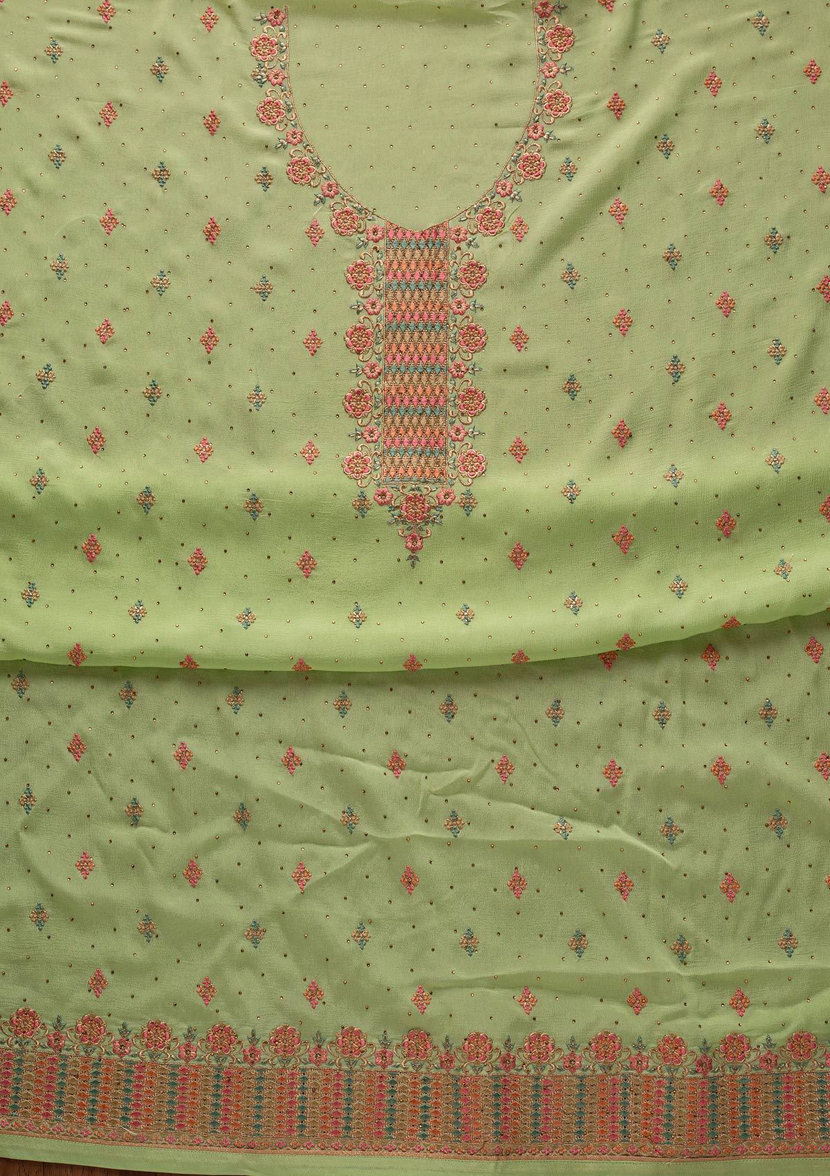 Pista Green Threadwork Semi Crepe Designer Semi-Stitched Salwar Suit - koskii