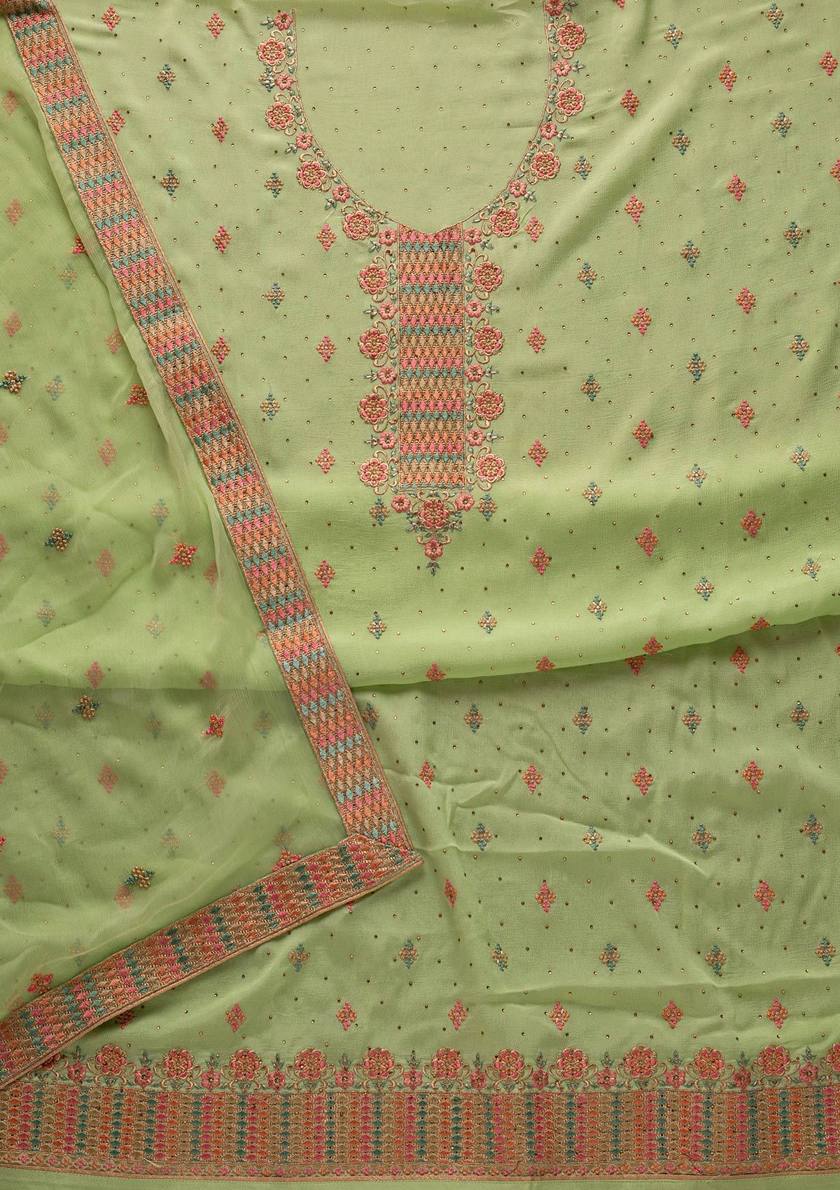 Pista Green Threadwork Semi Crepe Designer Semi-Stitched Salwar Suit - koskii