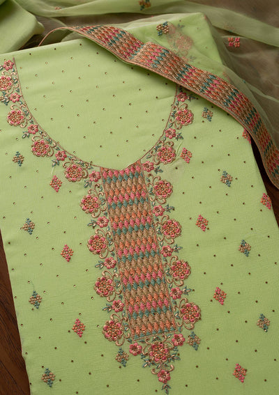 Pista Green Threadwork Semi Crepe Designer Semi-Stitched Salwar Suit - koskii