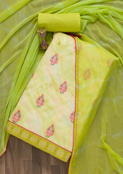 Pista Green Threadwork Semi Crepe Unstitched Salwar Suit-Koskii