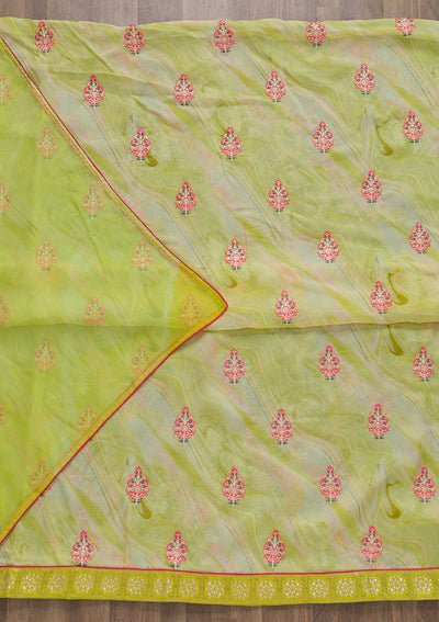 Pista Green Threadwork Semi Crepe Unstitched Salwar Suit-Koskii