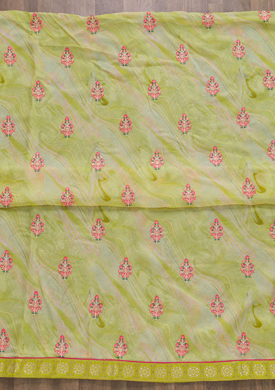 Pista Green Threadwork Semi Crepe Unstitched Salwar Suit-Koskii