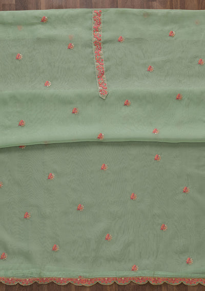 Pista Green Threadwork Organza Unstitched Salwar Suit-Koskii