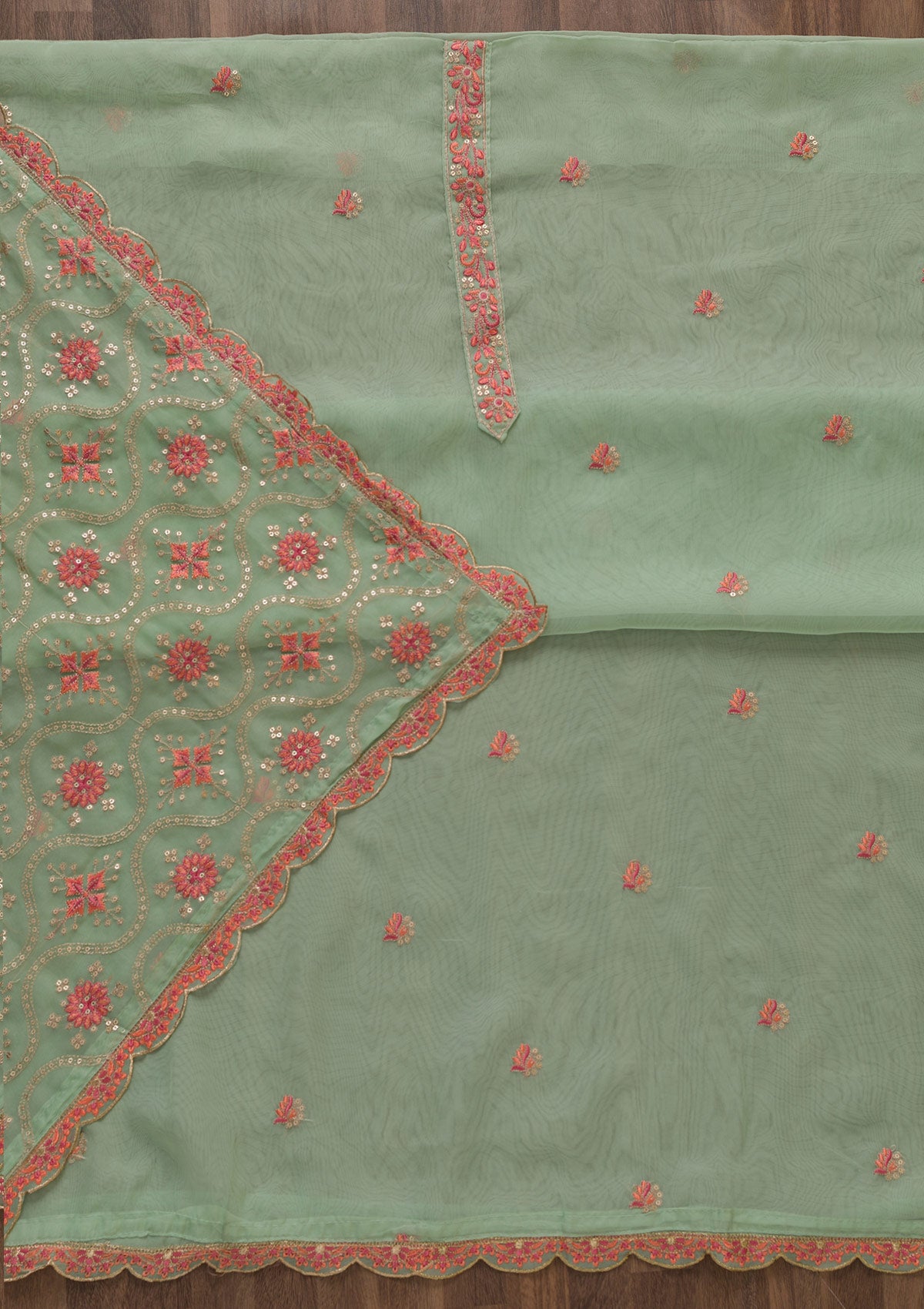 Pista Green Threadwork Organza Unstitched Salwar Suit-Koskii