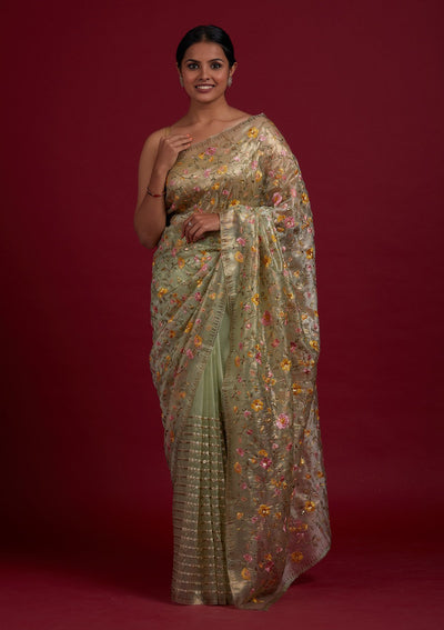 Pista Green Threadwork Tissue Designer Saree - Koskii