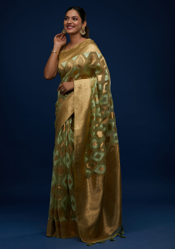 Pista Green Zariwork Art Silk Designer Saree - Koskii