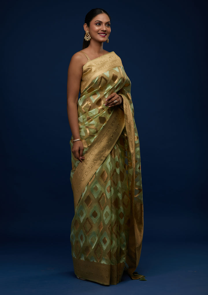 Pista Green Zariwork Art Silk Designer Saree - Koskii