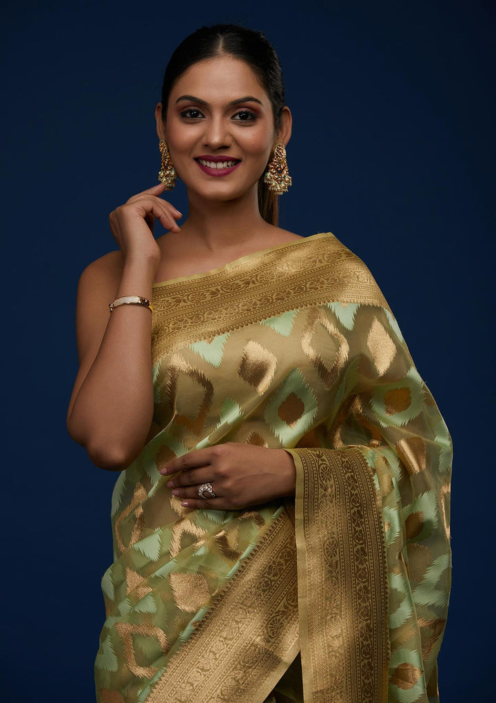 Pista Green Zariwork Art Silk Designer Saree - Koskii