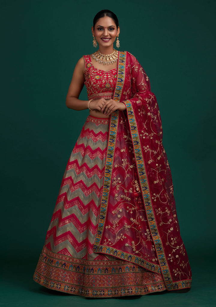Pista Green Zariwork Banarasi Designer Semi-Stitched Lehenga - Koskii