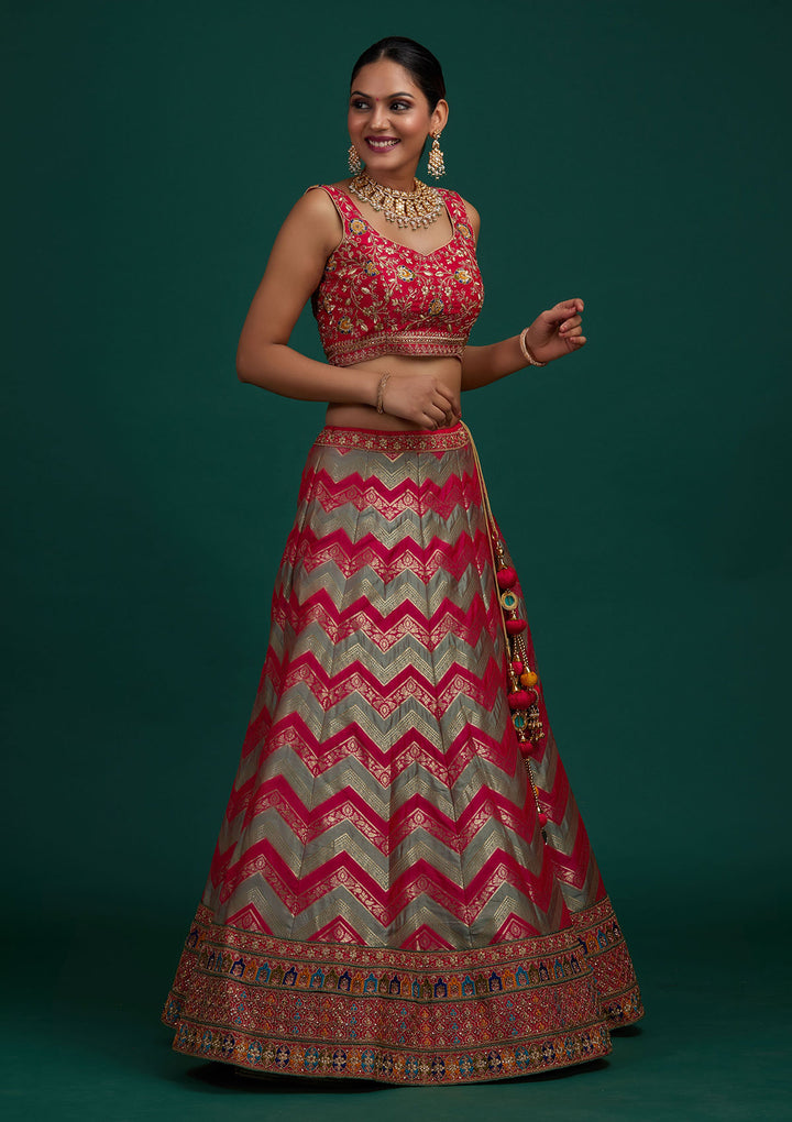 Pista Green Zariwork Banarasi Designer Semi-Stitched Lehenga - Koskii