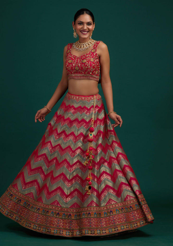 Pista Green Zariwork Banarasi Designer Semi-Stitched Lehenga - Koskii
