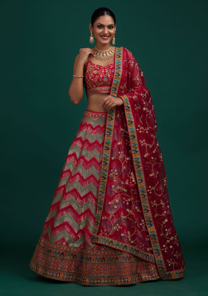 Pista Green Zariwork Banarasi Designer Semi-Stitched Lehenga - Koskii