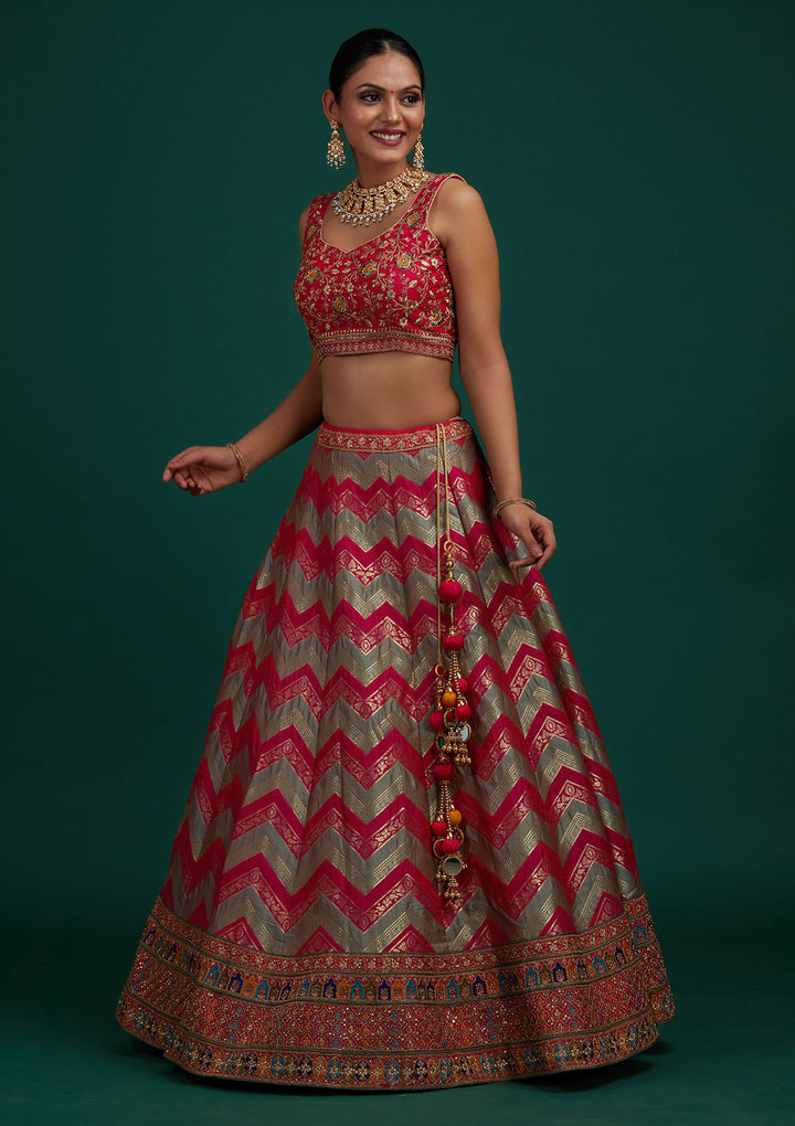 Pista Green Zariwork Banarasi Designer Semi-Stitched Lehenga - Koskii