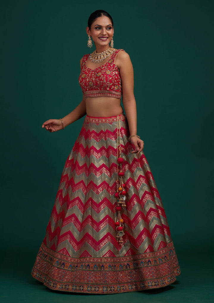Pista Green Zariwork Banarasi Designer Semi-Stitched Lehenga - Koskii