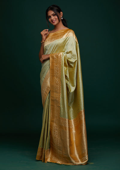 Pista Green Zariwork Banarasi Designer Saree - Koskii