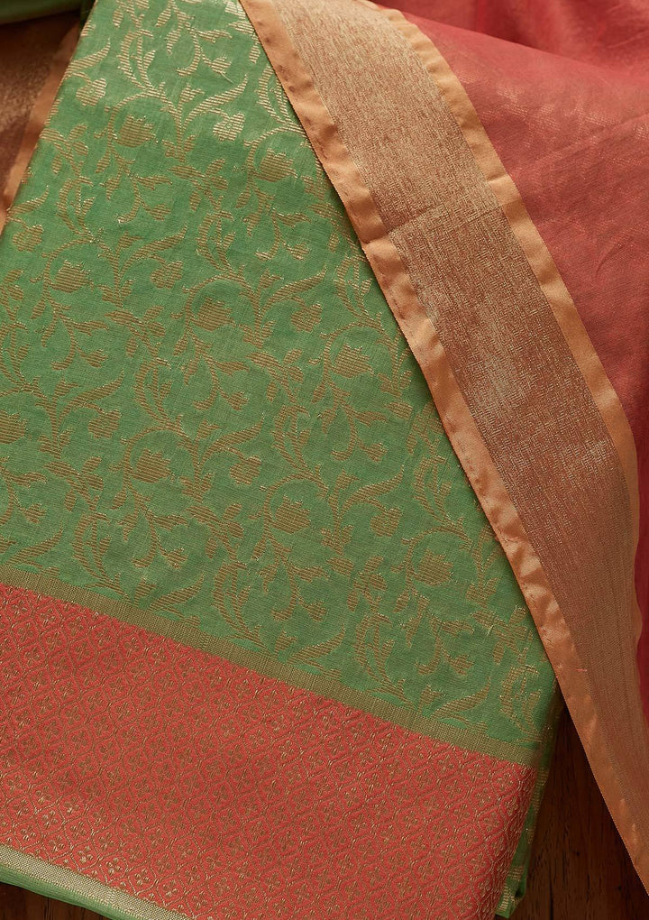 Pista Green Zariwork Brocade Designer Unstitched Salwar Suit - Koskii