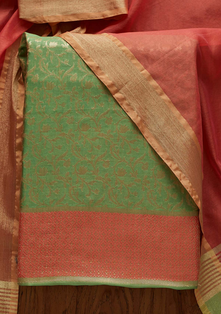 Pista Green Zariwork Brocade Designer Unstitched Salwar Suit - Koskii