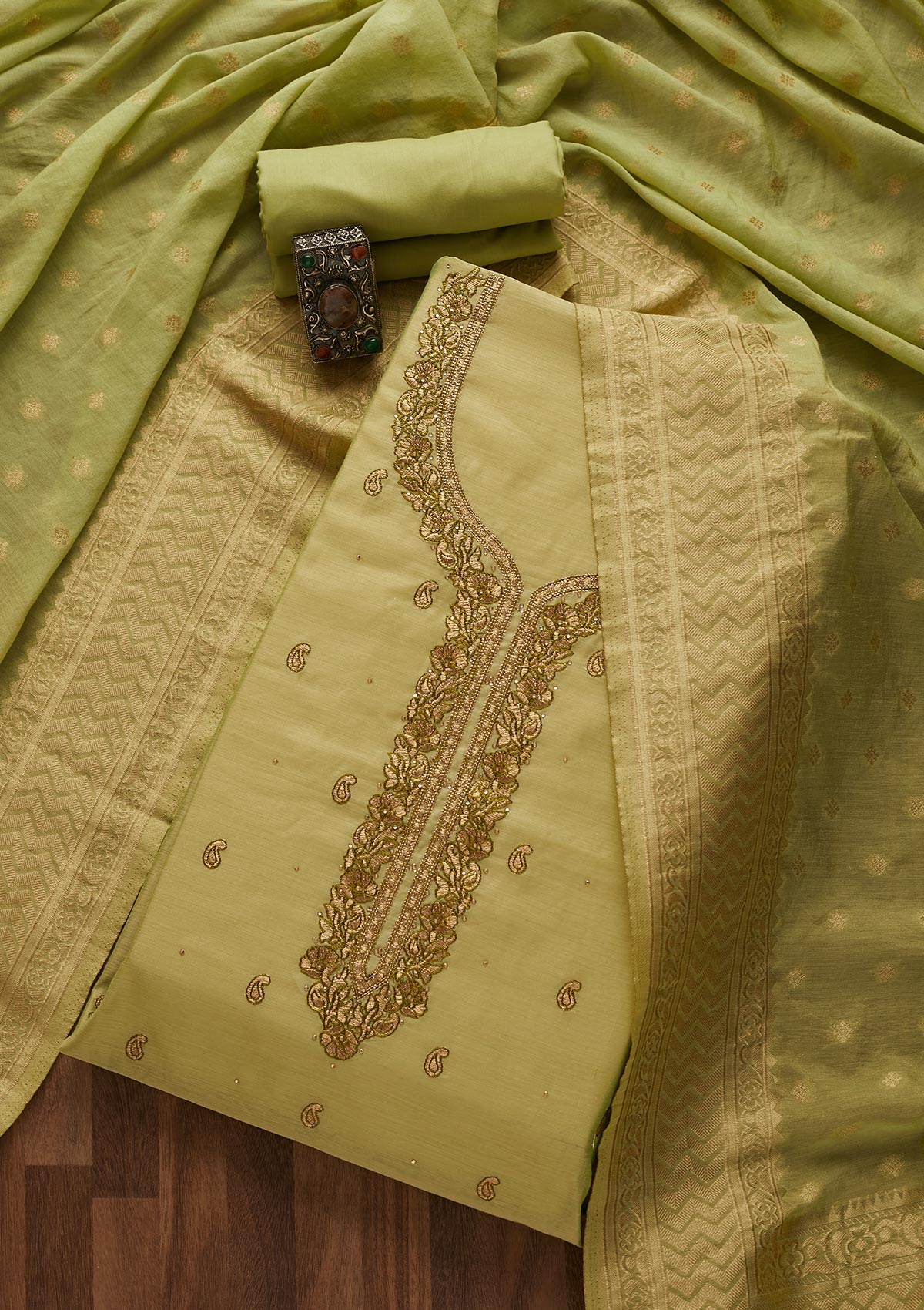 Pista Green Zariwork Chanderi Designer Unstitched Salwar Suit - Koskii