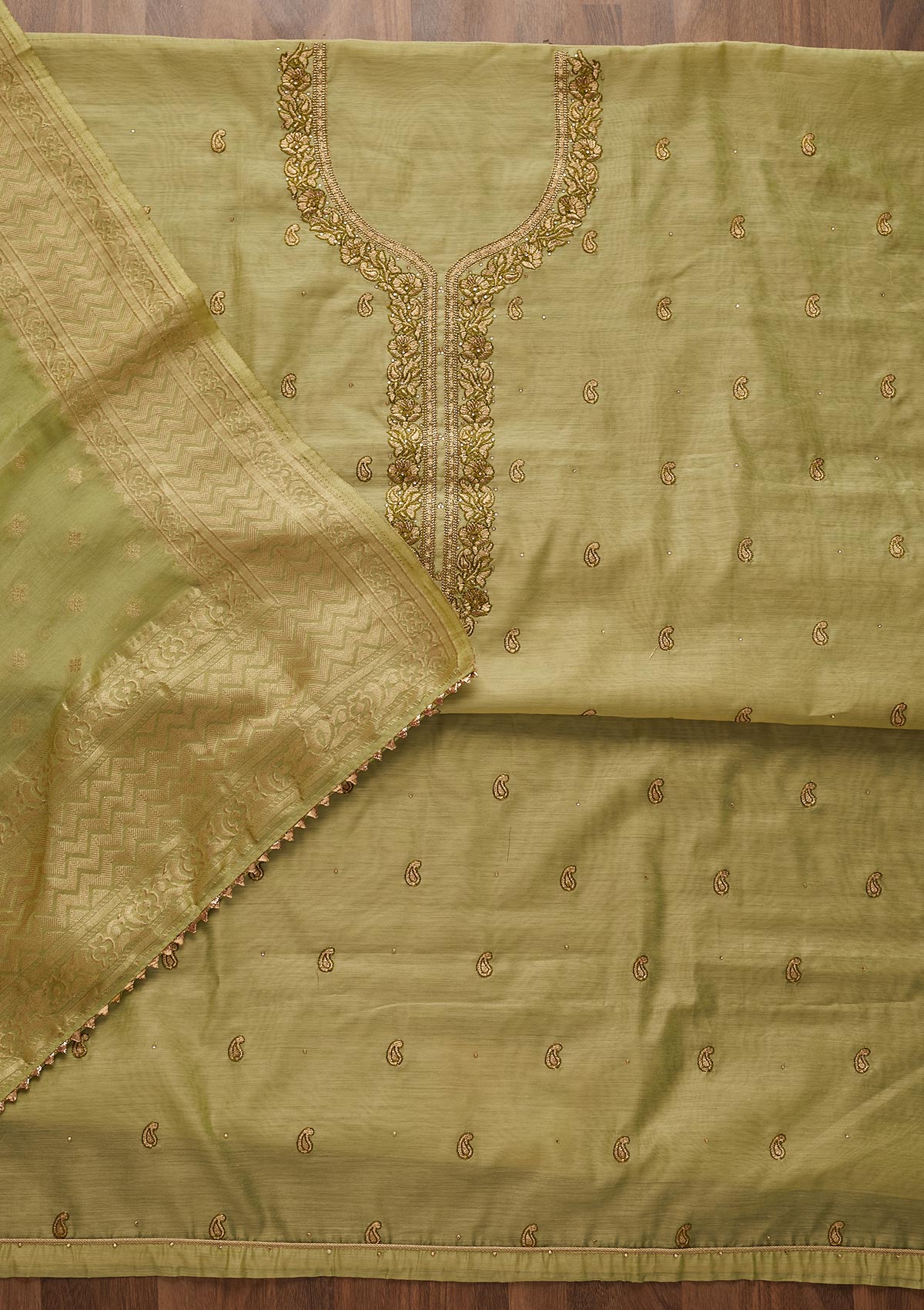 Pista Green Zariwork Chanderi Designer Unstitched Salwar Suit - Koskii