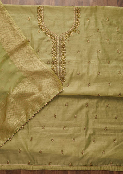 Pista Green Zariwork Chanderi Designer Unstitched Salwar Suit - Koskii