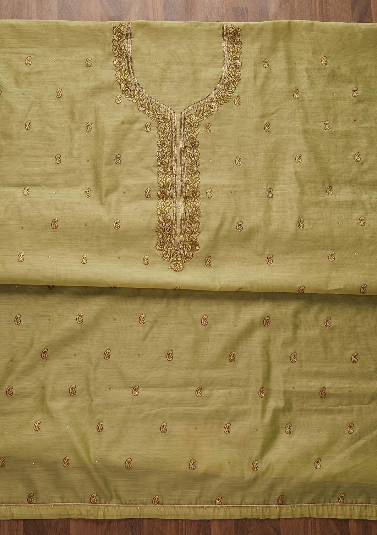 Pista Green Zariwork Chanderi Designer Unstitched Salwar Suit - Koskii