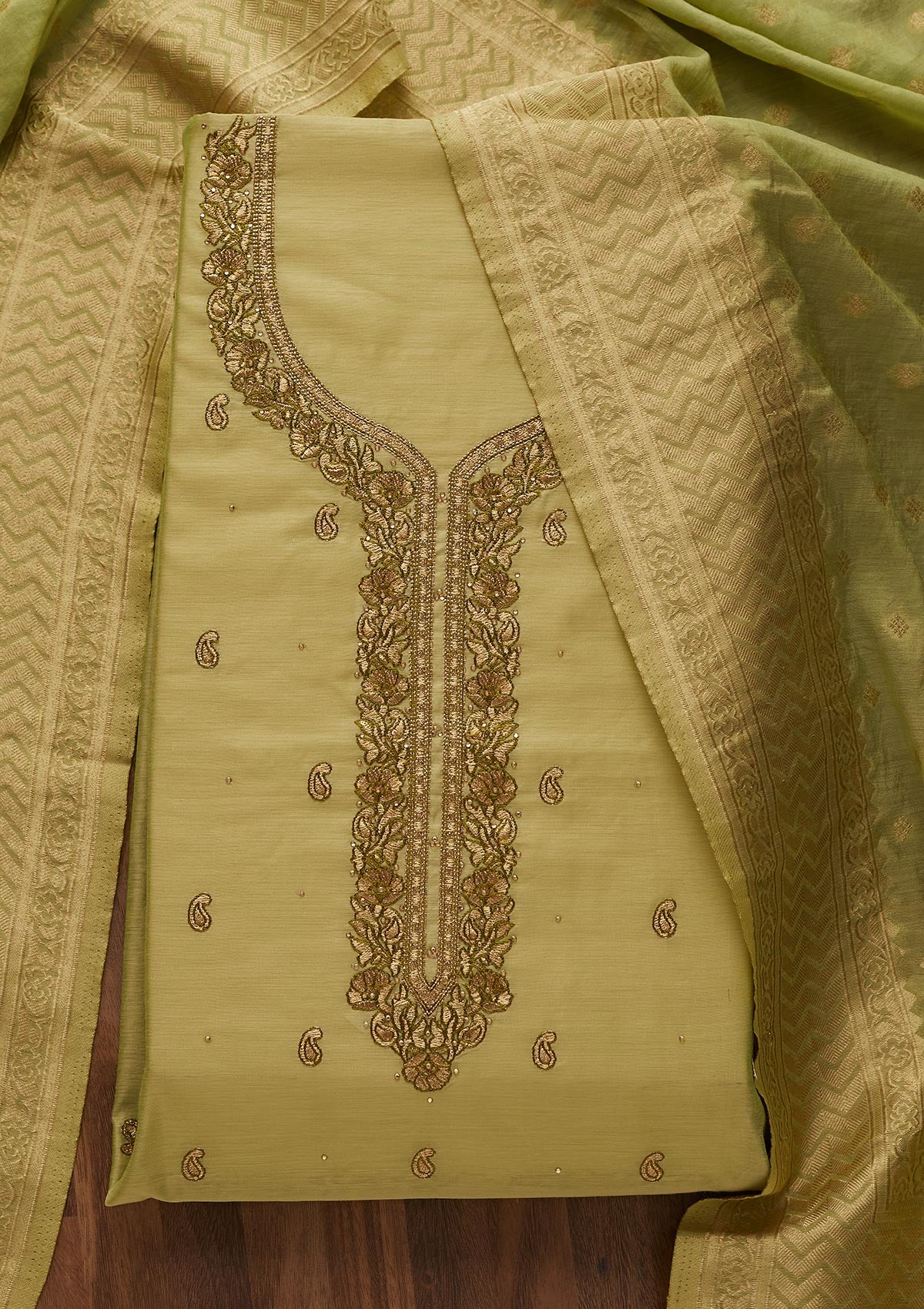 Pista Green Zariwork Chanderi Designer Unstitched Salwar Suit - Koskii