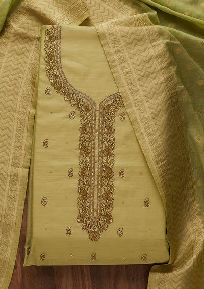 Pista Green Zariwork Chanderi Designer Unstitched Salwar Suit - Koskii