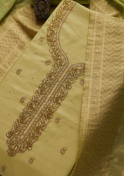 Pista Green Zariwork Chanderi Designer Unstitched Salwar Suit - Koskii