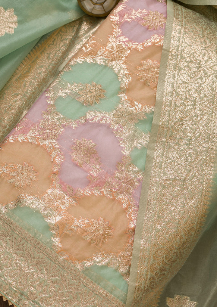 Pista Green Zariwork Banarasi Silk Unstitched Salwar Suit-Koskii