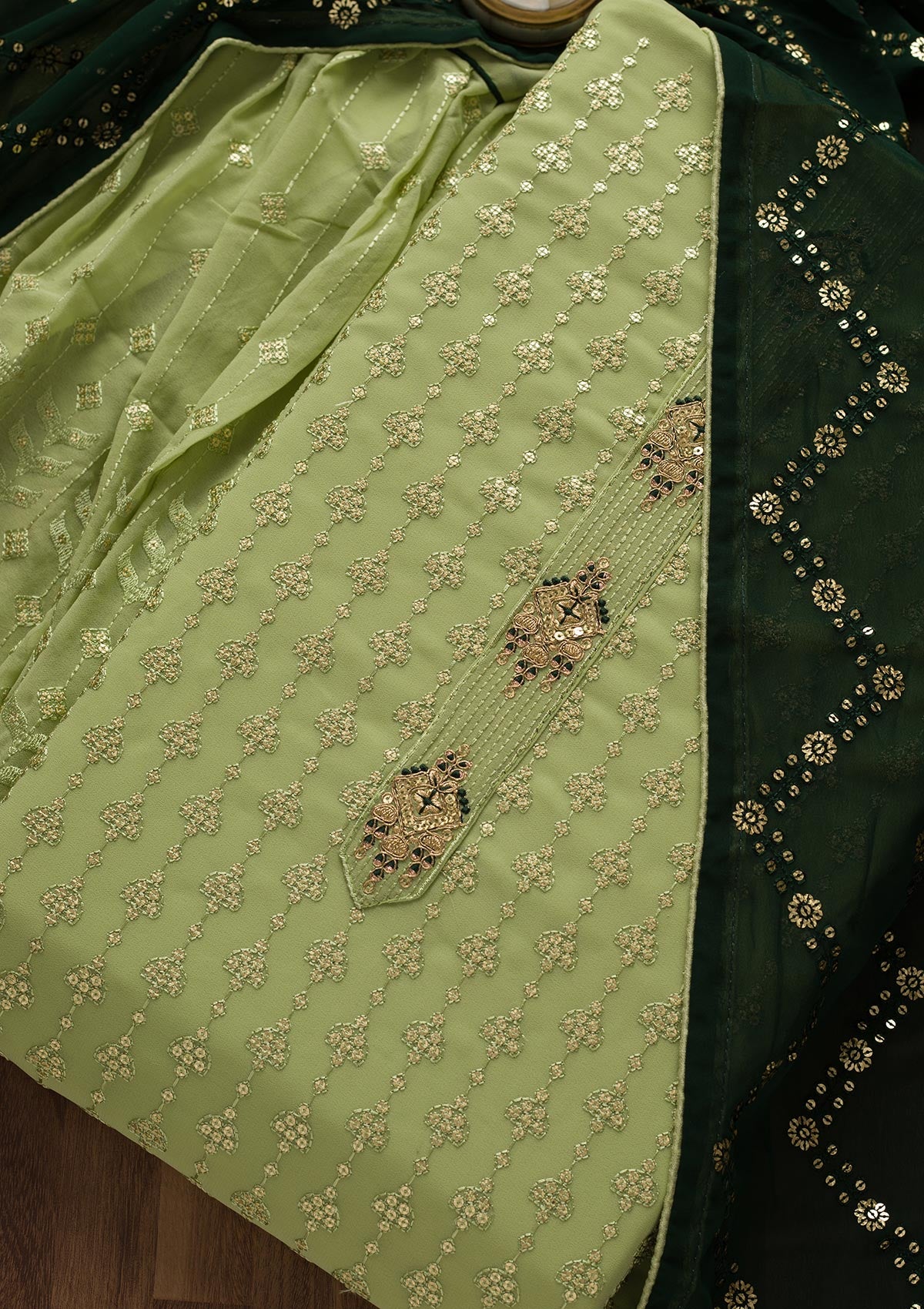 Pista Green Zariwork Georgette Unstitched Salwar Suit-Koskii