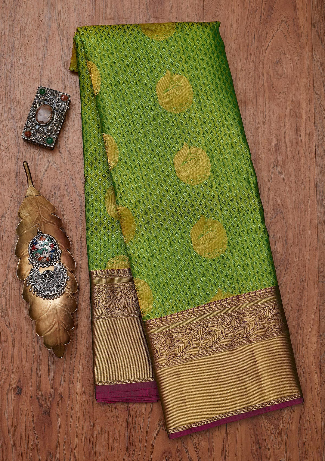 Pista Green Zariwork Pure Silk Designer Unstitched Saree - Koskii