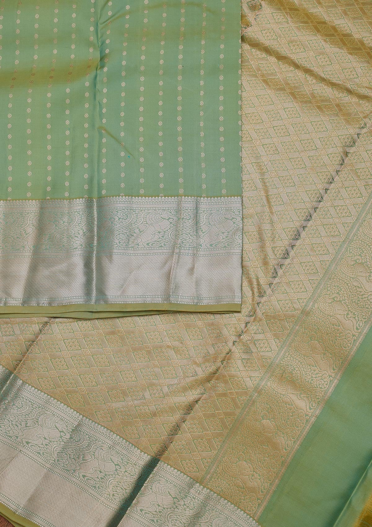 Pista Green Zariwork Pure Silk Designer Unstitched Saree - Koskii