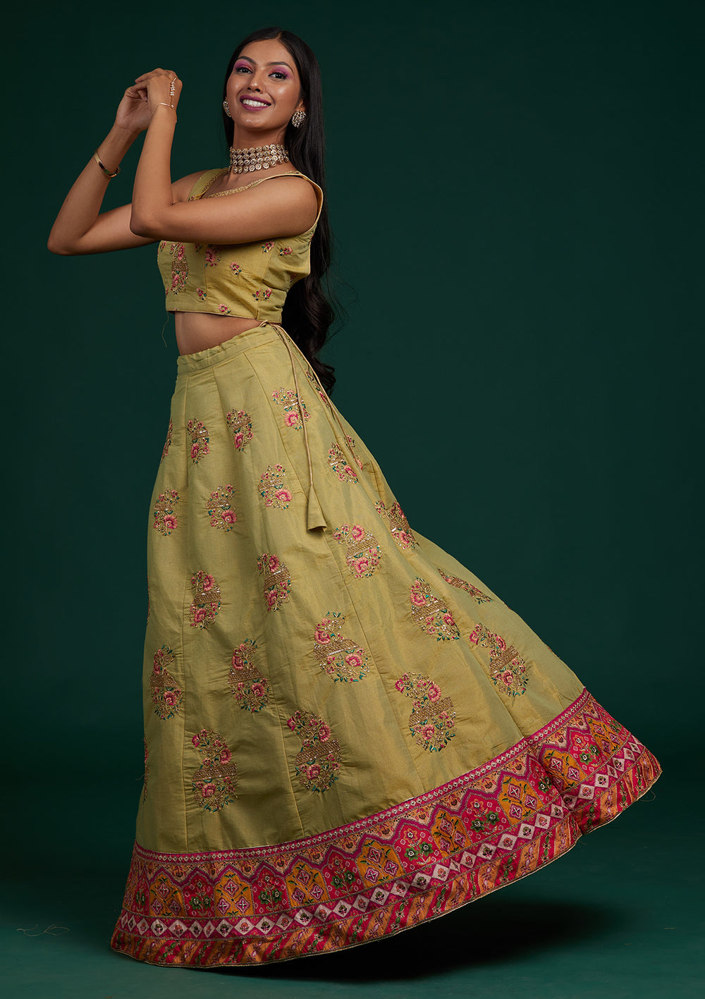 Pista Green Zariwork Raw Silk Designer Lehenga-Koskii