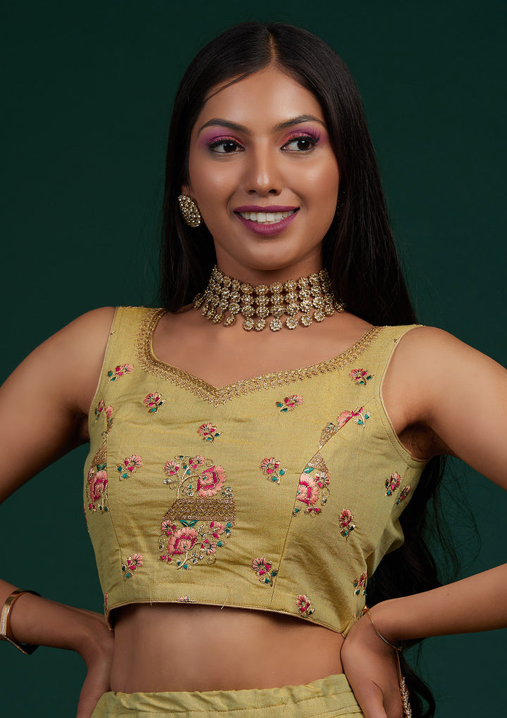 Pista Green Zariwork Raw Silk Designer Lehenga-Koskii