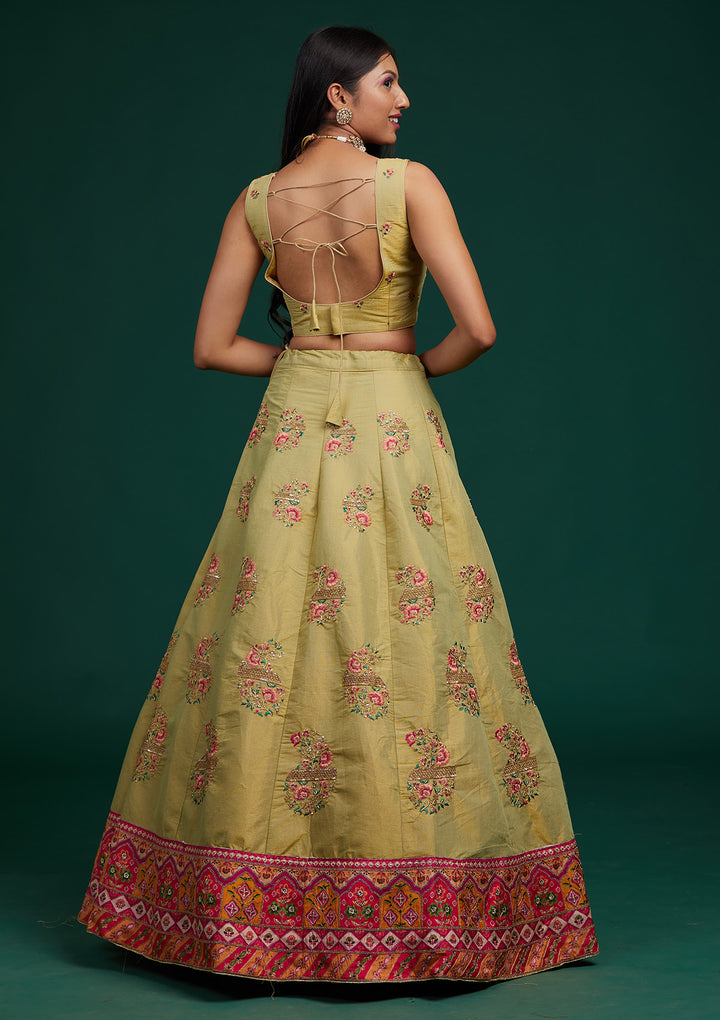 Pista Green Zariwork Raw Silk Designer Lehenga-Koskii