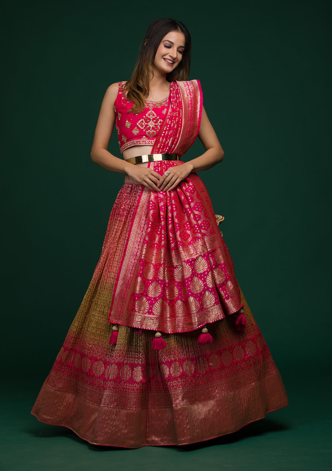 Pista Green Zariwork Raw Silk Lehenga-Koskii