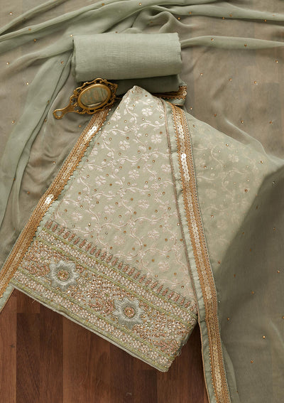 Pista Green Zariwork Raw Silk Unstitched Salwar Suit - Koskii