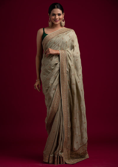 Pista Green Zariwork Raw Silk Designer Saree - koskii